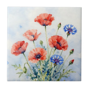 Carreau Bouquet de coquelicot rouge aquarelle et de bleuet