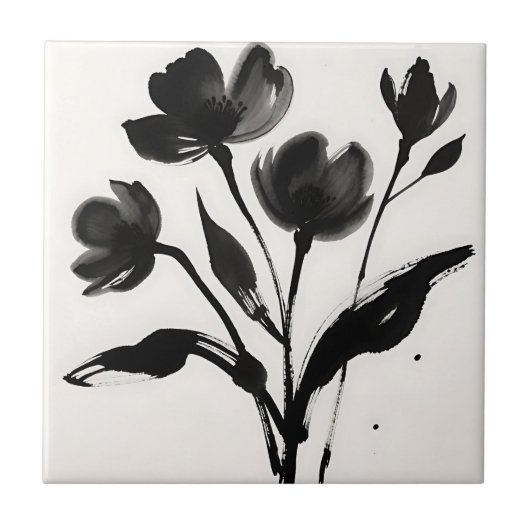 Carreau Bouquet de fleurs à l'encre noire (Devant)