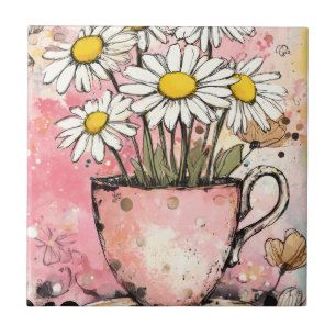 Carreau Bouquet de pâquerettes Cottagecore dans une tasse