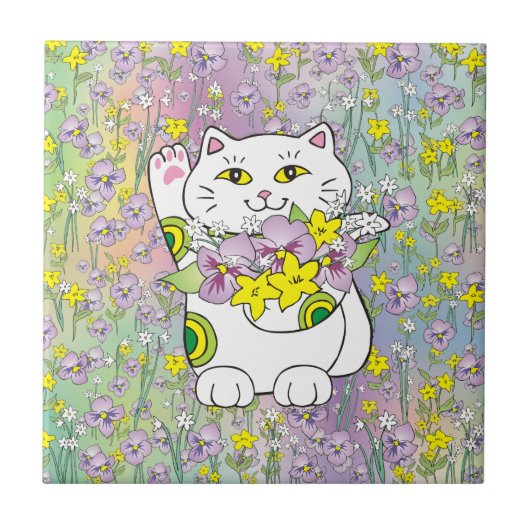 Carreau Bouquet de printemps Maneki Neko (Chat chanceux) (Devant)