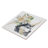 Carreau Bouquet de rose blanche Chien sibérien Husky (Côté)