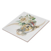 Carreau Bouquet de rose blanche Yorkshire Terrier Chien (Côté)