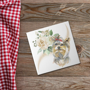 Carreau Bouquet de rose blanche Yorkshire Terrier Chien