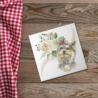Carreau Bouquet de rose blanche Yorkshire Terrier Chien