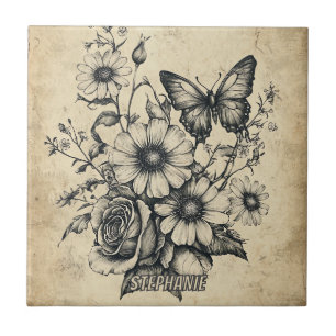 Carreau Bouquet de roses et marguerites papillon sépia vin