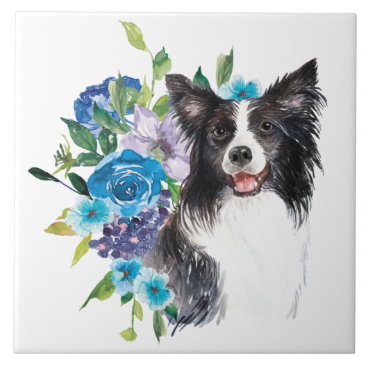 Carreau Bouquet floral bleu Bordure Collie (Devant)