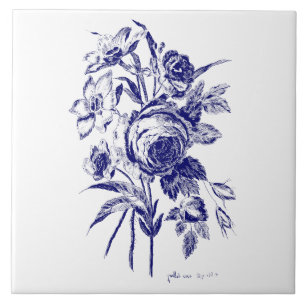 Carreau Bouquet floral Rose Art botanique Bleu et blanc