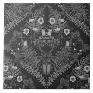 Carreau Bousier et fougères, en noir et blanc