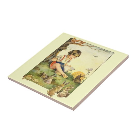 Carreau Boy reading under tree with rabbits (Côté)
