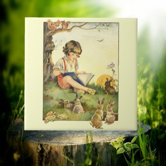 Carreau Boy reading under tree with rabbits