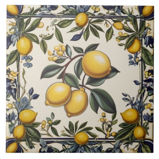 Carreau Branche de citron espagnol citrons feuilles bleu e (Devant)