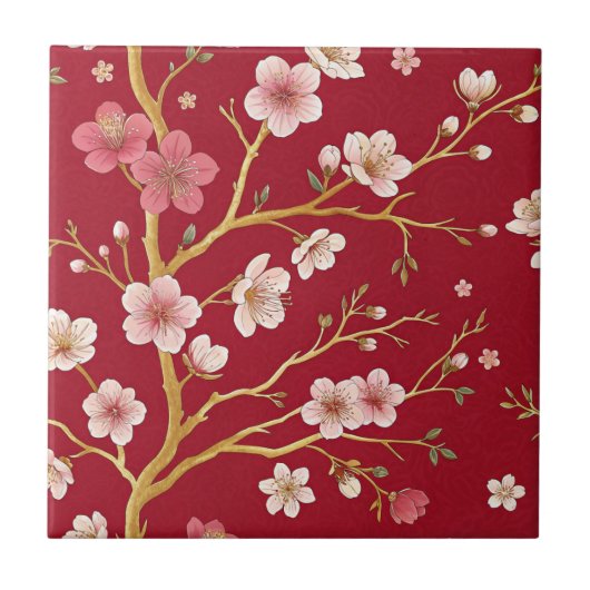 Carreau Branche dorée élégante de fleurs de cerisier (Devant)