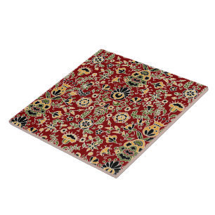 Carreau Broderie folle Jaune, Vert, Noir sur Rouge profond