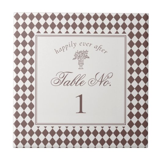 Carreau Brown Harlequin Checkered Wedding Table Number (Devant)