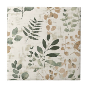 Carreau Brun doré rustique et feuilles vertes sur crème