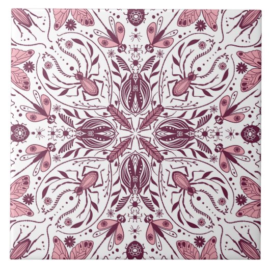 Carreau Buissons, magenta foncé et rose sur blanc (Devant)