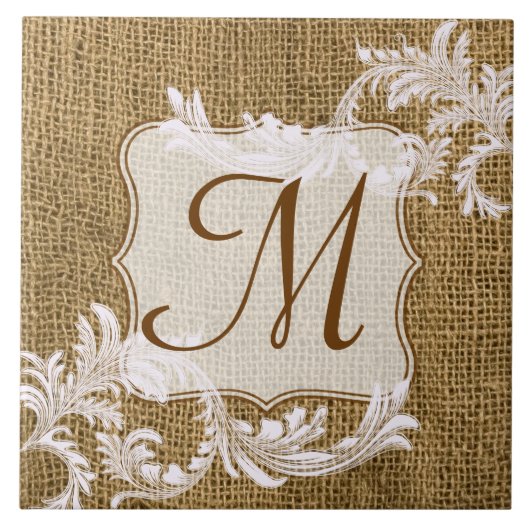 Carreau Burlap Pays Dentelle Appliquée Monogramme Display (Devant)