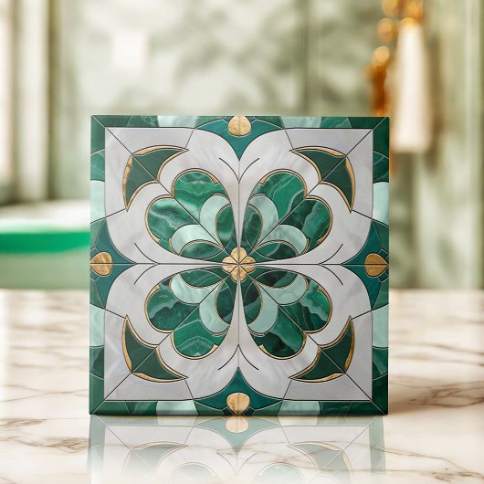 Carreau Cabot à quatre feuilles - Marbre vert et perle