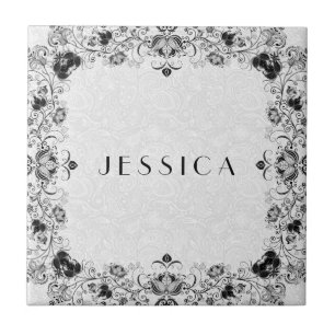 Carreau Cadre de dentelle Florale Noir Et Blanc