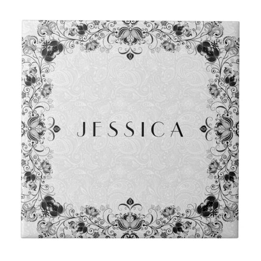 Carreau Cadre de dentelle Florale Noir Et Blanc (Devant)