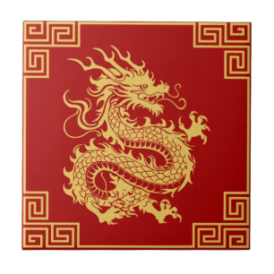 Carreau Cadres d'ornement grec Motif de dragon d'or rouge