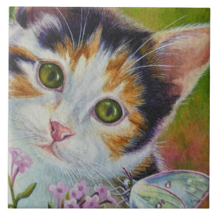 Carreau Calico Kitten & Sulphur Papillon Aquarelle Art