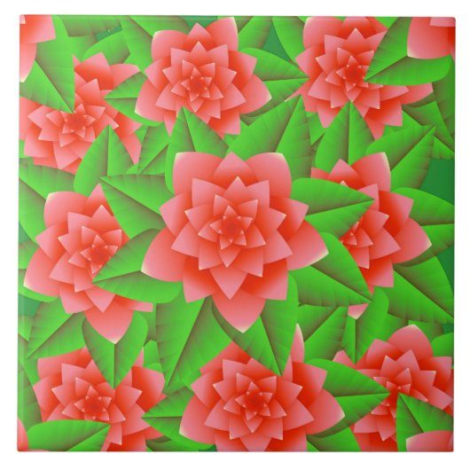Carreau Camélias orange corail et feuilles vertes (Devant)