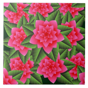 Carreau Camélias rose corail et feuilles vertes