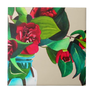 Carreau Camellias rouge avec fleur d'aquarelle de feuillag