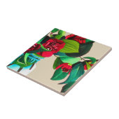 Carreau Camellias rouge avec fleur d'aquarelle de feuillag (Côté)
