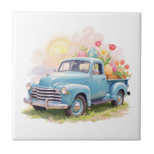Carreau Camion Bleu Vintage avec Œufs de Pâques & Tulipes