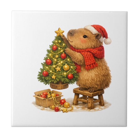 Carreau Capybara de Noël décorant l'arbre (Devant)