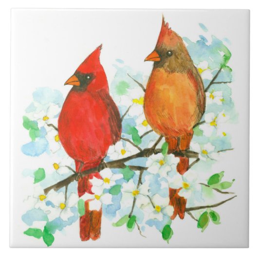 Carreau Cardinal Birds Dogwood Tree Aquarelle (Devant)