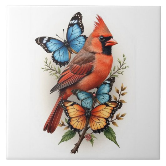 Carreau cardinal rouge et papillons (Devant)