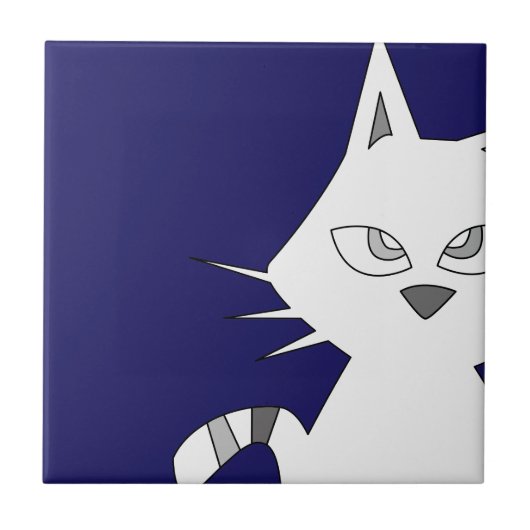 Carreau Caricature de chat blanc sur bleu (Devant)