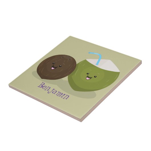 Carreau Caricature de noix de coco kawaii joyeux (Côté)