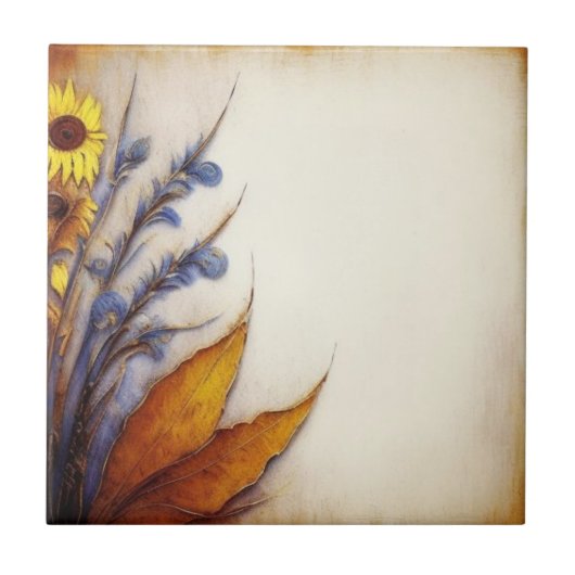 Carreau Carrelage en céramique beige et flore détaillée (Devant)