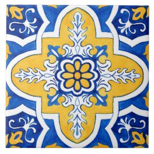 Carreau Carrelage en céramique bleu et jaune Azulejo.