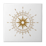 Carreau Carrelage en céramique céleste simple en or Starbu<br><div class="desc">Carrelage moderne avec une starburst or rétro servant de point central, complété par des éléments de conception starburst moderne. Un design simple et propre; une conception d'une collection de coordination. Créez votre propre conception personnalisée à l'aide des champs fournis, ou utilisez le bouton "message" pour contacter le concepteur pour obtenir...</div>