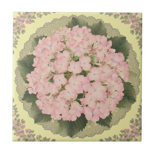 Carreau Carrelage en céramique jaune fleuri rose Hydrangea (Devant)