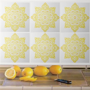 Carreau Carrelage en céramique, médaillon jaune sur blanc