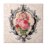 Carreau Carrelage floral vintage<br><div class="desc">Bordure gravée de façon ornementale,  roses roses roses et arrière - plan damassé de pêche pâle.</div>