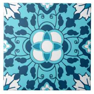 Carreau Carrelage marocain floral, Indigo, bleu ciel et bl