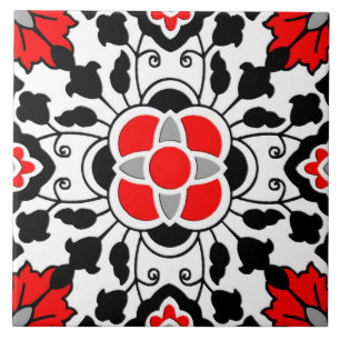 Carreau Carrelage marocain floral, rouge profond, noir et 