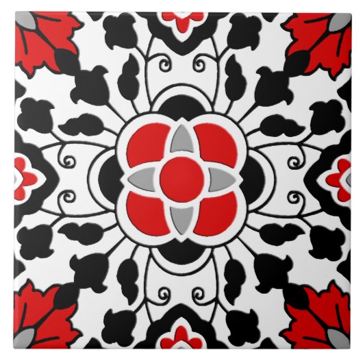 Carreau Carrelage marocain floral, rouge profond, noir et (Devant)