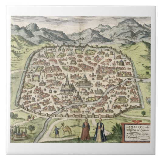 Carreau Carte de ville de Damas, Syrie, 1620 (gravure) (Devant)