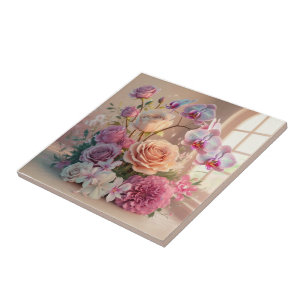 Carreau Carte de voeux Fleurs de Printemps 3D avec Roses