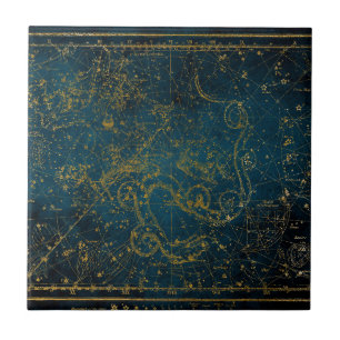 Carreau Carte des étoiles vintage illustrée bleu foncé et
