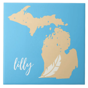 Carreau Carte du Michigan Plume Nom personnalisé Bleu Tan