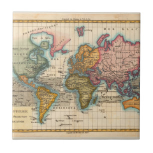 Carreau Carte du Monde 1780 Bonne Antique Planisphère 